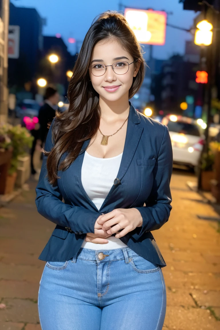 1girl chubby, long hair, looking at viewer, smile, black collar jacket, very thin white shirt seeing silhouette of her large breast, black hair, navel, white tube, brown eyes, large jewelry, standing, glasses, unbutton pants, large necklace, mole, multiple views, buttons, ring, denim, large black-framed eyewear, mole on breast, jeans, realistic, background at the night with city light