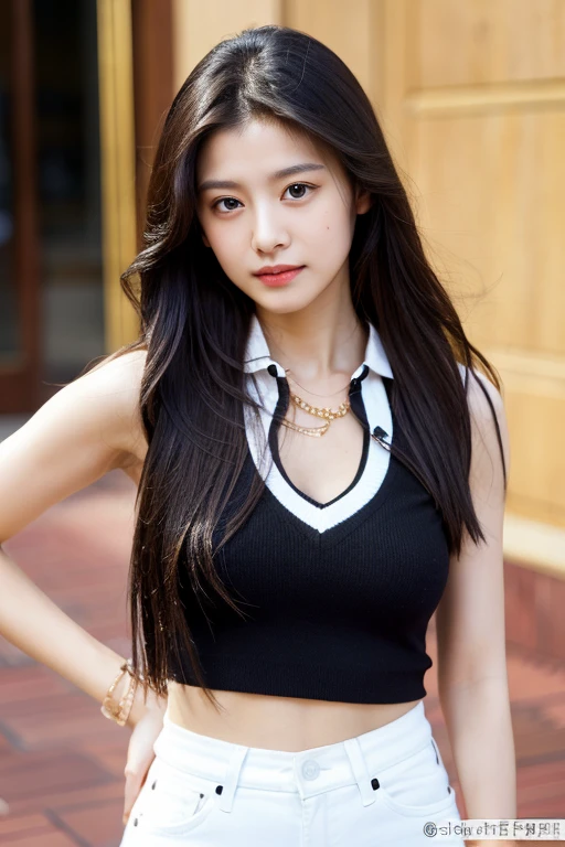((best quality)), ((masterpiece)), (detailed), 1girl, very Straight black long hair , seductive gaze , perfect body , standing position , sexy poses , Black polo T shirt , white jeans , luxury golden bracelets