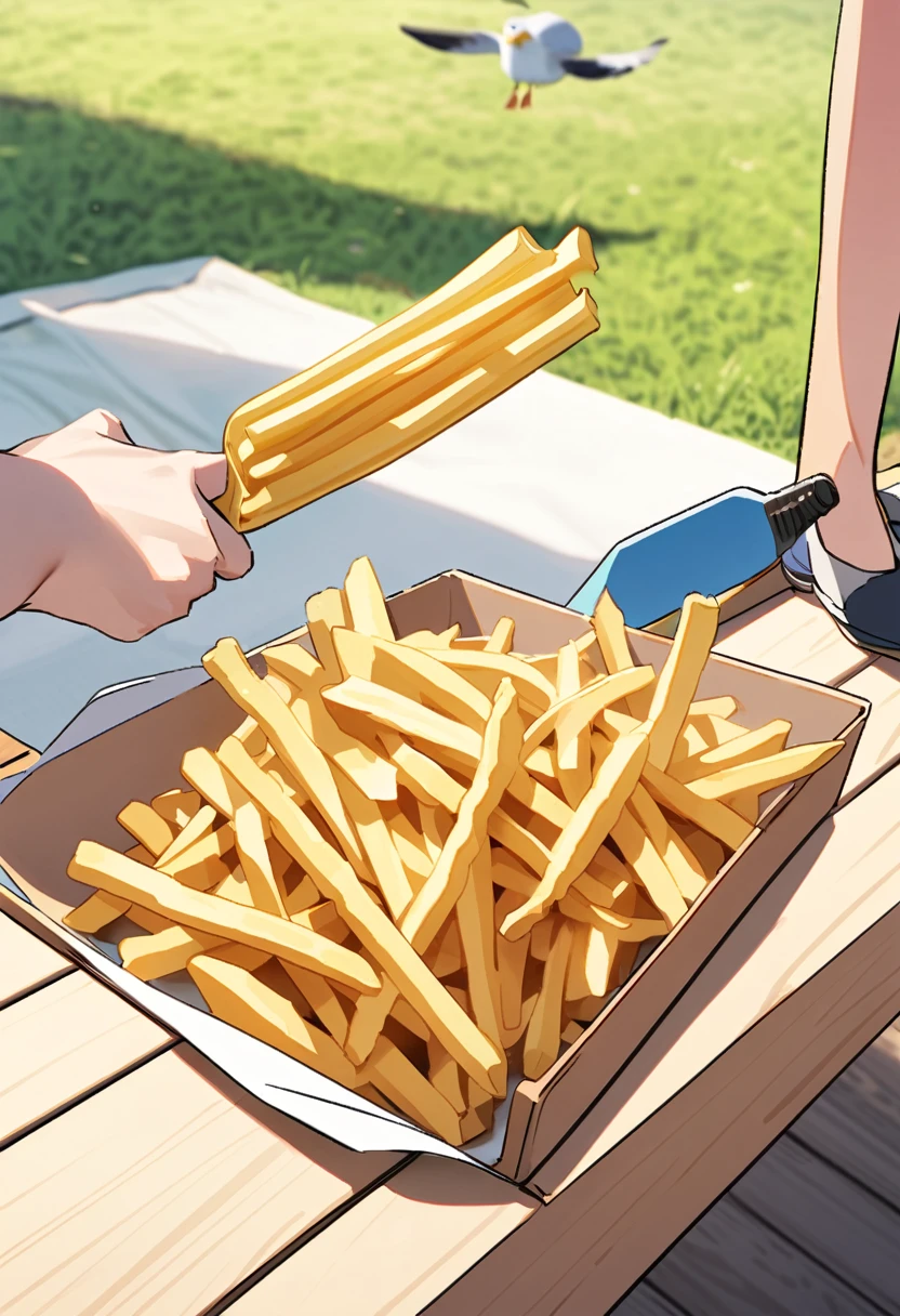 A playful scene featuring a seagull balancing a French fry on its head while stealing another one from a picnic table