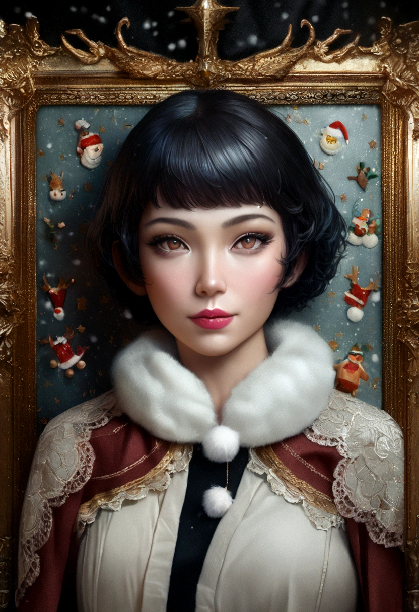 1girl, santa claus costume, symmetry, beautiful cute girl, slender figure, (ultra short hair:1.5), ultra big smile, Beautiful large round droped detailed eyes, beautiful detailed lips, extremely detailed face, natural makeup, (best quality,4k,8k,highres,masterpiece:1.2),(ultra-detailed,realistic,photorealistic,photo-realistic:1.37),professional,vivid colors,studio lighting,snowing night town,christmas eve