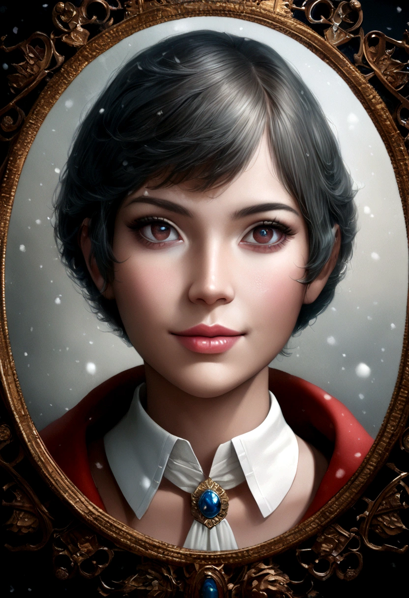 1girl, santa claus costume, symmetry, beautiful cute girl, slender figure, (ultra short hair:1.5), ultra big smile, Beautiful large round droped detailed eyes, beautiful detailed lips, extremely detailed face, natural makeup, (best quality,4k,8k,highres,masterpiece:1.2),(ultra-detailed,realistic,photorealistic,photo-realistic:1.37),professional,vivid colors,studio lighting,snowing night town,christmas eve