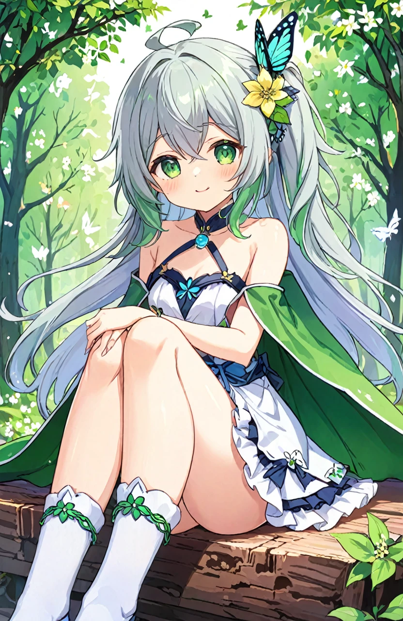 Super detailed,(Highest quality),((masterpiece)),(High resolution),original,very,shock,One girl,Nahida (Genshin Impact),alone,Green Eyes,dress,Pointed Ears,Bloomers,white dress,hair ornaments,flower,Multicolored Hair,Sitting,bangs,Symbol-shaped pupil,View your viewers,Green Hair,Gradient Hair,Side Ponytail,Long Hair,Gray Hair,butterfly,underwear,jewelry,頭flower輪,smile,wood,white Bloomers,Hair between the eyes,White footwear,Cruciform pupil,bug,Mouth closed,bracelet,in wood,Blurred,green Cape,branch,Outdoor,Sitting in wood,No sleeve,Cape,Short sleeve,Side Lock,Depth of written boundary,Green Sleeves,No sleeve dress,nature,Bare shoulders,White socks,