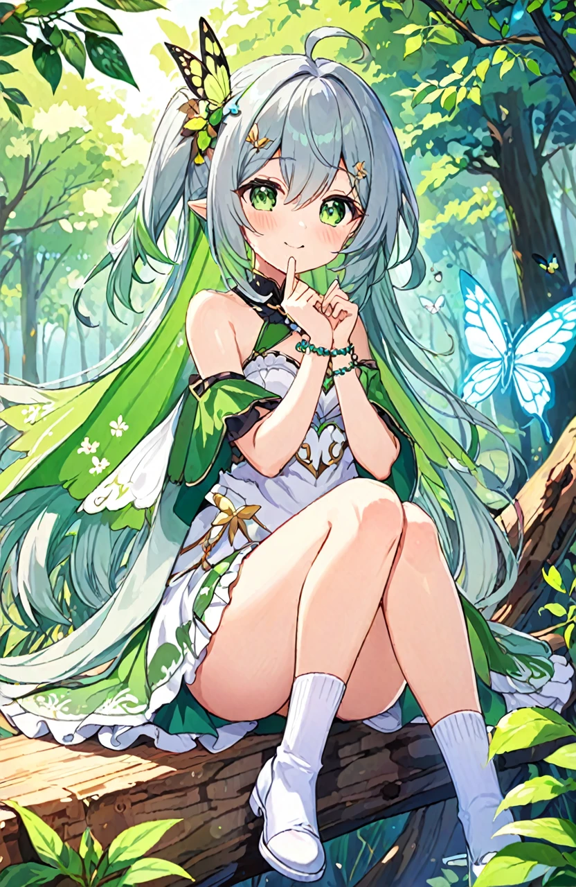 Super detailed,(Highest quality),((masterpiece)),(High resolution),original,very,shock,One girl,Nahida (Genshin Impact),alone,Green Eyes,dress,Pointed Ears,Bloomers,white dress,hair ornaments,flower,Multicolored Hair,Sitting,bangs,Symbol-shaped pupil,View your viewers,Green Hair,Gradient Hair,Side Ponytail,Long Hair,Gray Hair,butterfly,underwear,jewelry,頭flower輪,smile,wood,white Bloomers,Hair between the eyes,White footwear,Cruciform pupil,bug,Mouth closed,bracelet,in wood,Blurred,green Cape,branch,Outdoor,Sitting in wood,No sleeve,Cape,Short sleeve,Side Lock,Depth of written boundary,Green Sleeves,No sleeve dress,nature,Bare shoulders,White socks,