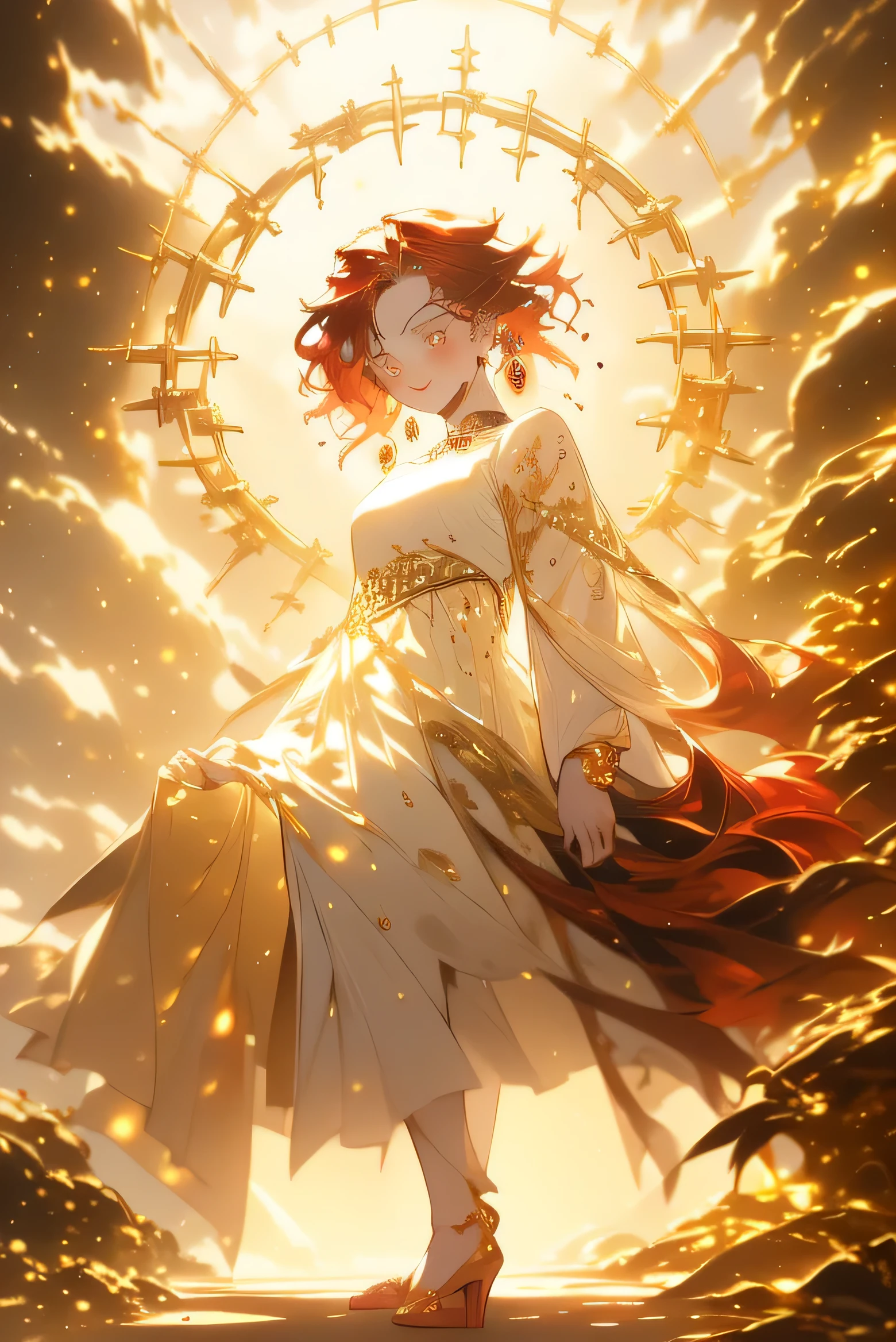 : ((((Picture of a 5 ft 7 inches tall girl with pale skin and long fiery red hair)), 1girl, standing, posing, ((checking her sword)), (( relaxed), casual outfit)), high heels, red hair in two pigtails, ((full frontal pose)), facing slightly off to the viewer side, (( medium shot))), ((soft focus))), ((nice smile)), ((eager eyes))), ((three-quarter sleeve dress)), (((gold jewelry))), ((hehrish background, take me away))), medium breasts, ((feminine ankles))), 22 years old, ((sophisticated attire)))