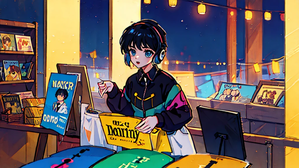 Black short Hair, night, black jacket, One Woman, record shop, Headphones