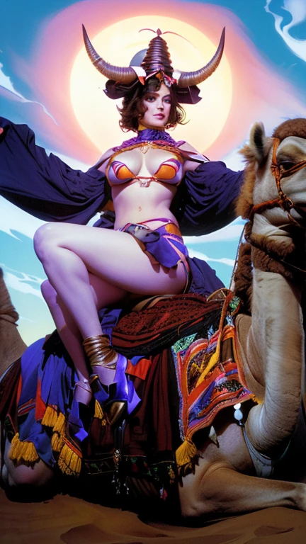 arafed woman in a costume riding a camel with a horned headdress, artgerm julie bell beeple, boris villejo, by Richard Corben, style of tim hildebrandt, richard corben style, inspired by Greg Hildebrandt, boris vallejo and ilya kuvshinov, style of richard corben, by Tim Hildebrandt