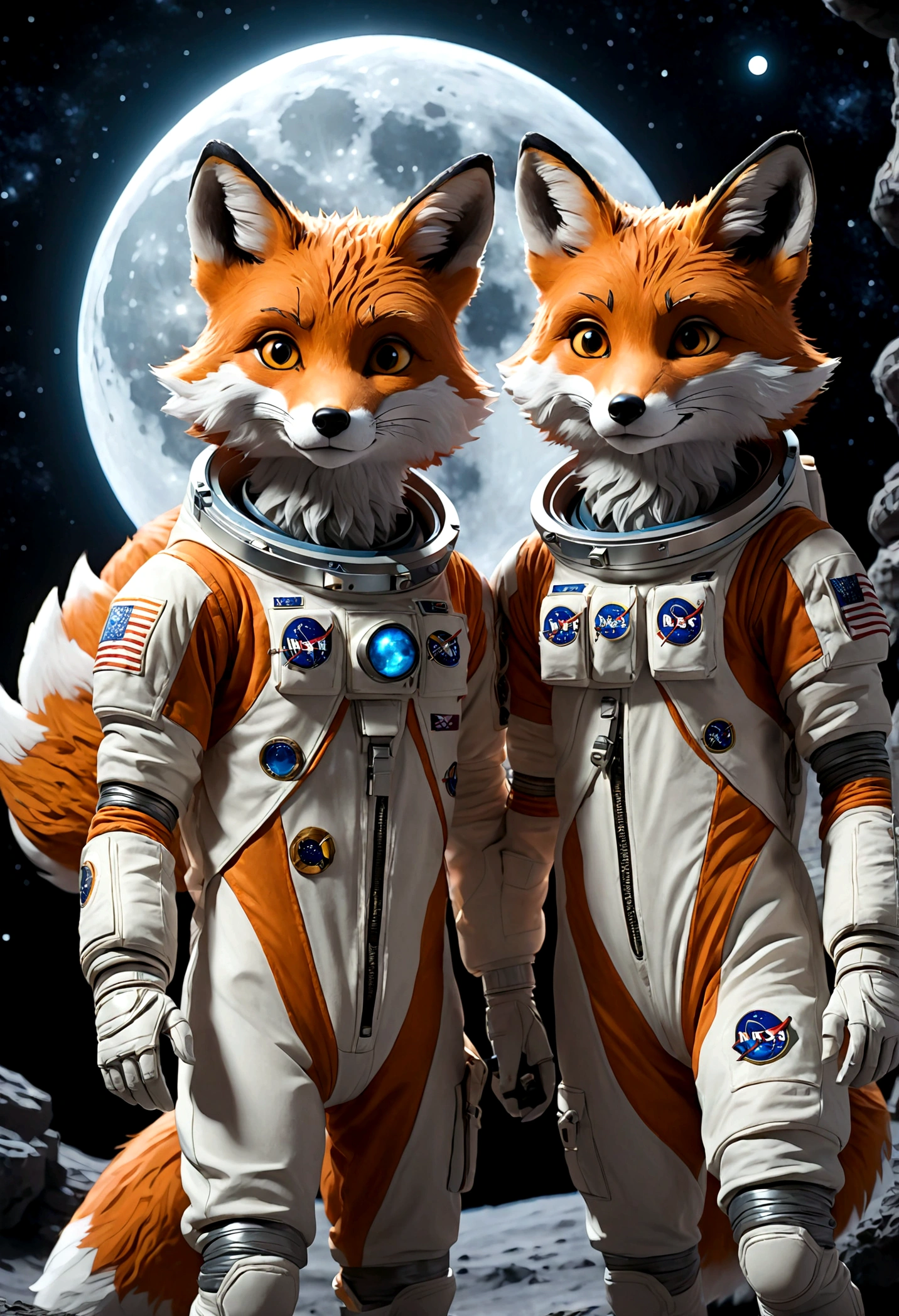 two humanoid foxes, Astronaut outfit, full body, galaxy moon style, light and shadow