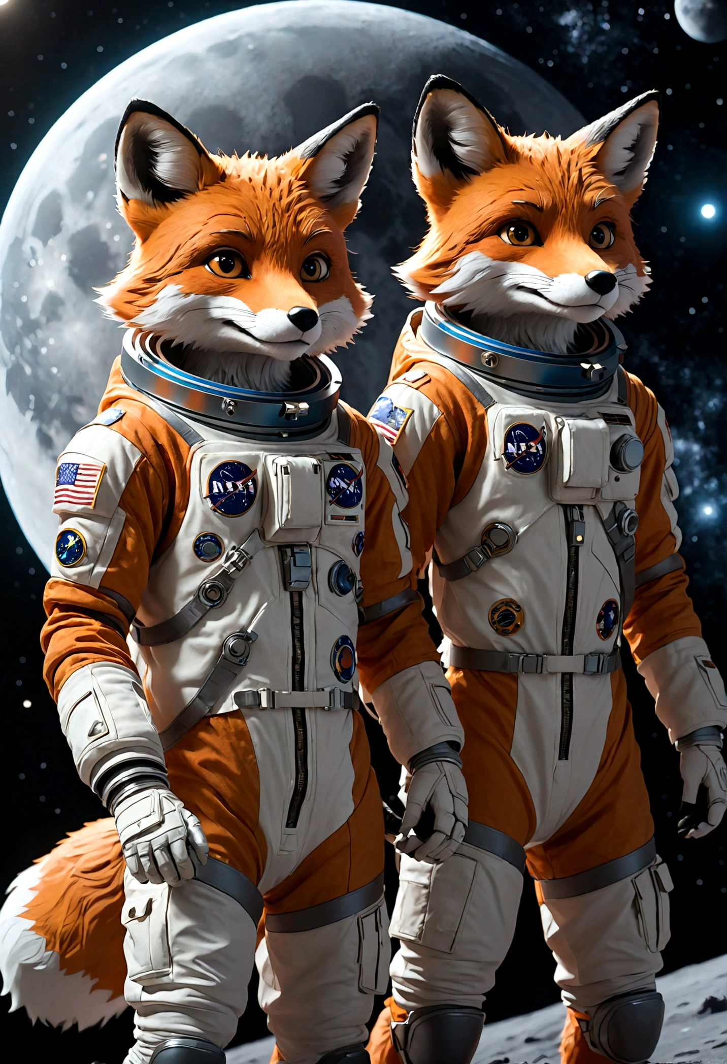 two humanoid foxes, Astronaut outfit, full body, galaxy moon style, light and shadow