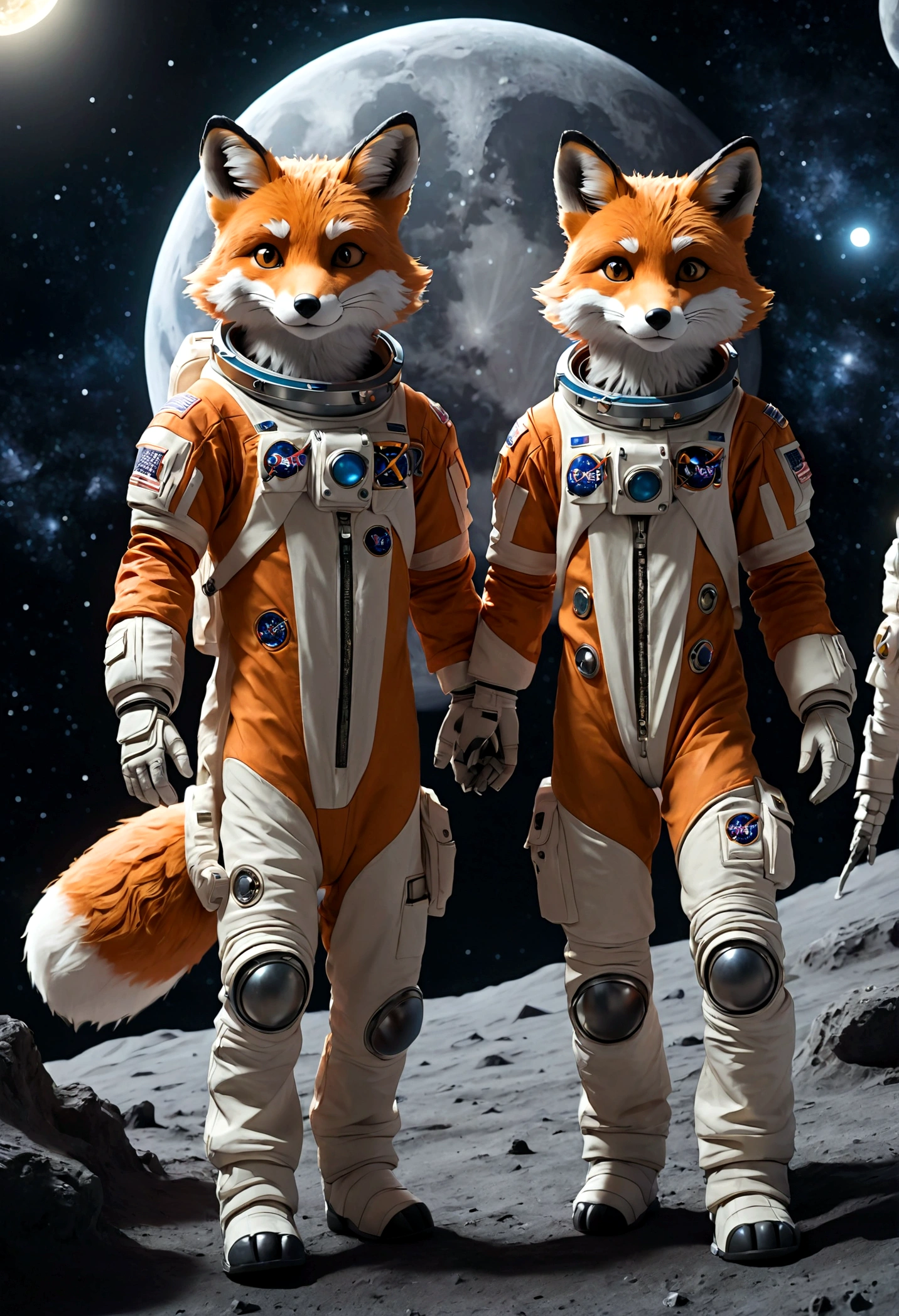 two humanoid foxes, Astronaut outfit, full body, galaxy moon style, light and shadow