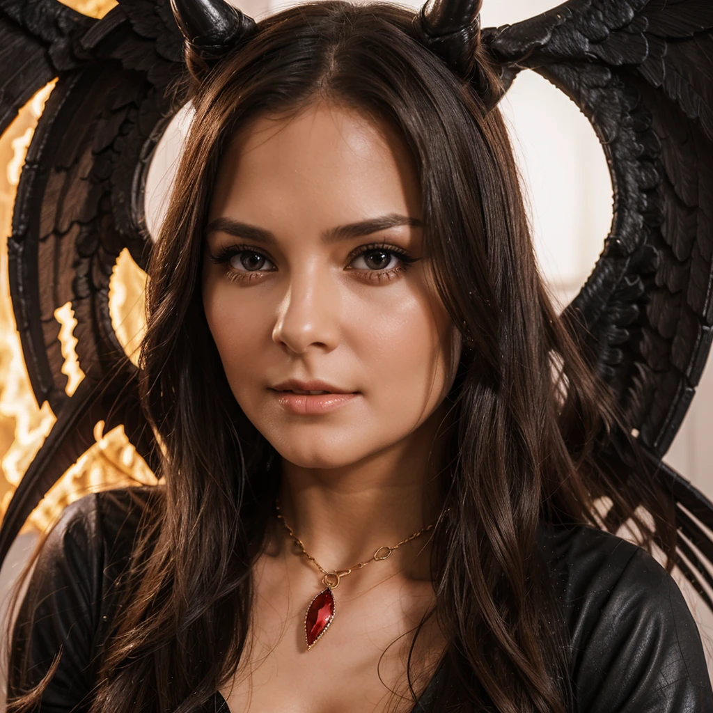 1girl in, 30 years old, Square face, Long hair, Looking at viewer, jewelry, Realistic, Sexy, devil costume - with wings, hell gate - lava, free pose