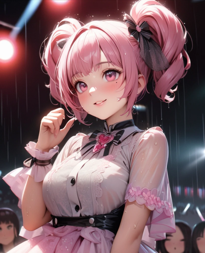 One Girl、Looking at the audience、lovely,
Beautiful pink eyes、short twin tail hair , Mole under the eye、Plump and glossy lips、Heart-shaped choca、Idol、Her name is Rico,smile、ー、。.。.。.。.。.。.。.。.。.。.。.。.。.。.。.。.。.。.3D、Realistic、
The idol's costume was soaked in the heavy rain, and her chest was wet and transparent.Heavy rain at outdoor concert, Drape clothes、gem、The decoration has been removed、Floral、Lace trim,On a glittering stage、
masterpiece、highest quality、8k、Detailed skin texture、Detailed cloth texture、Beautifully detailed face、Intricate details、Very detailed、
超A high resolution、8k Ultra HD、Film Grain、Best Shadow、delicate、Gazing at the audience、front