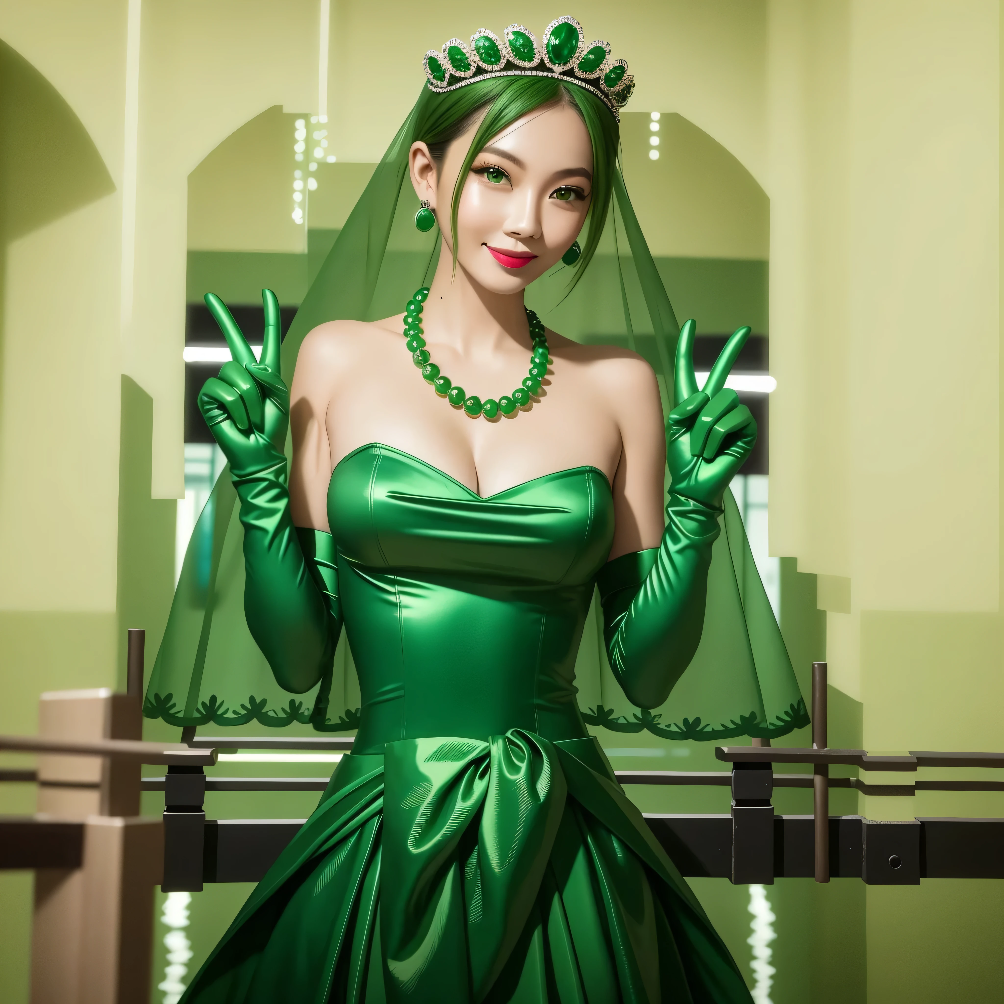 Emerald tiara, Green Pearl Necklace, Boyish very short green hair, Green Lips, Smiling Japanese woman, Very short hair, Busty beautiful lady, Green Eyes, Green satin long gloves, Green Eyes, Emerald Earrings, Green veil, V sign, Green Hair, Beautiful Japanese Woman, green lip gloss