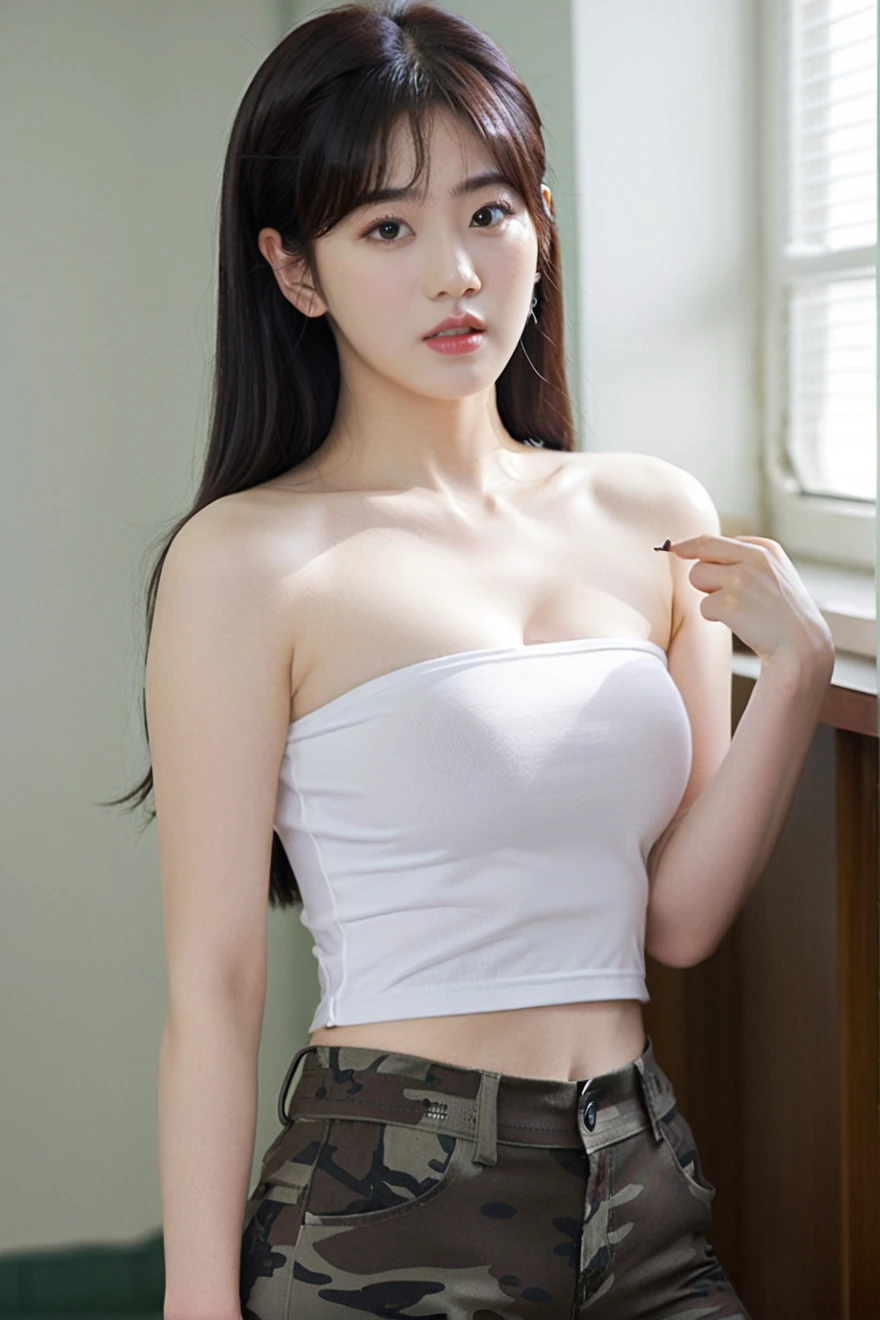 close-up of beautiful South Korean, Kwon Eunbi is a korean pop girl, youthful face, white skin body, perfect body, Jordan O'Neil female character is a G.I. Jane movie remake, shoulder hair, black hair, straight hair, thick flat bangs cut, bust size 36 inches, wearing a tight plain white strapless tube top, wearing a tight camouflage legging pants, sexy looking pose, pose a naughty look, at a military dormitory bedroom, UHD