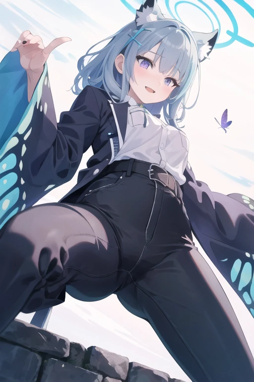 masterpiece, best quality,(detailed), 1girl, solo, kochou shinobu, butterfly hair ornament, purple eyes, shiroko_bluearchive,
haori, wide sleeves, long sleeves, black pants, black jacket, belt,
sexy, smile, from below, fingering, schlick, masturbation