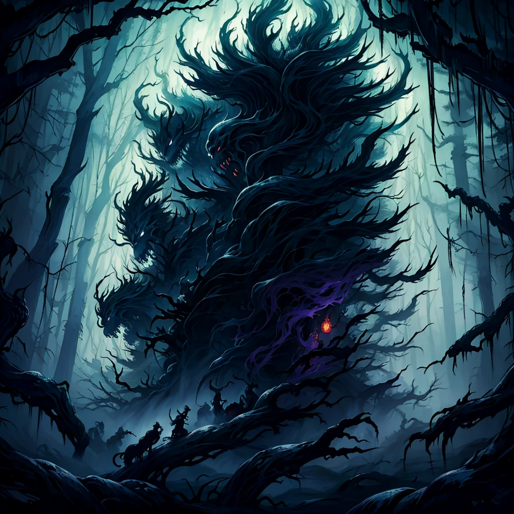 super fine illustration, top quality, various yokai, mystical spirits, eerie forest, dense fog, moonlit night, detailed creatures, ominous atmosphere, vibrant colors, traditional Japanese folklore, ghostly figures, floating lights, twisted trees, haunting expressions, ancient legends, dark fantasy style, intricate details, surreal scene