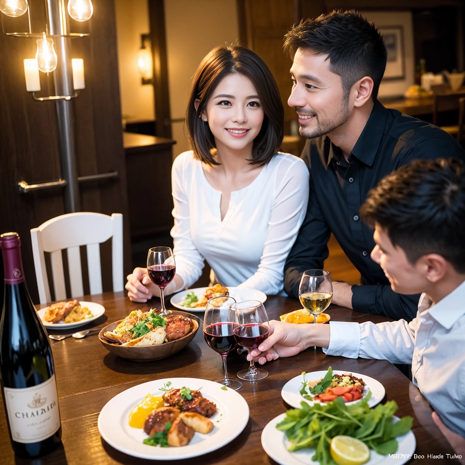 ((Highest quality、8k、masterpiece:1.3))、 (Genuineistic, Genuine、Bright image、Intricate details:1.2), Best smile 1 man 1 woman、Beautiful Couple、spouse、Couple、spouse、Beautiful Couple、Smile、A full-course dinner with a full table、テーブルにwine glass、 (Slim face), (The body is slim), (Brown Hair), (short hair), Please shine a light on my face、 Amazing view of the sunset sky and clouds、 (Age 44), 41 years old, red wine 、Appetizers、Wine bottle、sparkling wine、Long sleeve shirt、dress、White wine, red wine, wine glass,