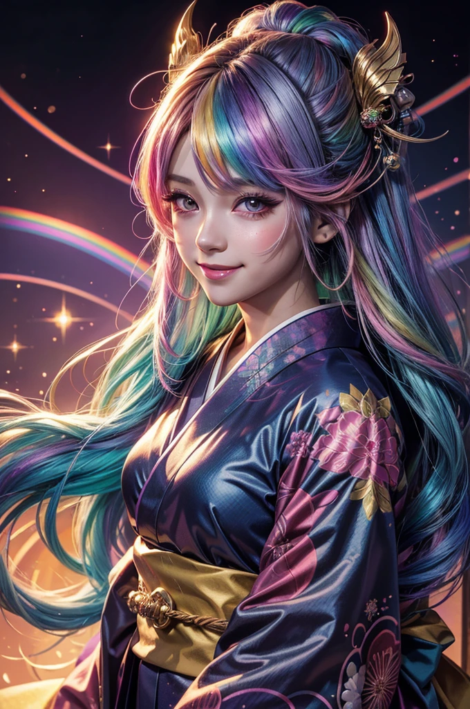 A girl with long rainbow hair, glowing rainbow eyes and an adorable smile wearing kimono, detailed anime style, fantasy illustration art, shiny glossy colorful lighting, glittery skin, glowing neon color palette, cute face