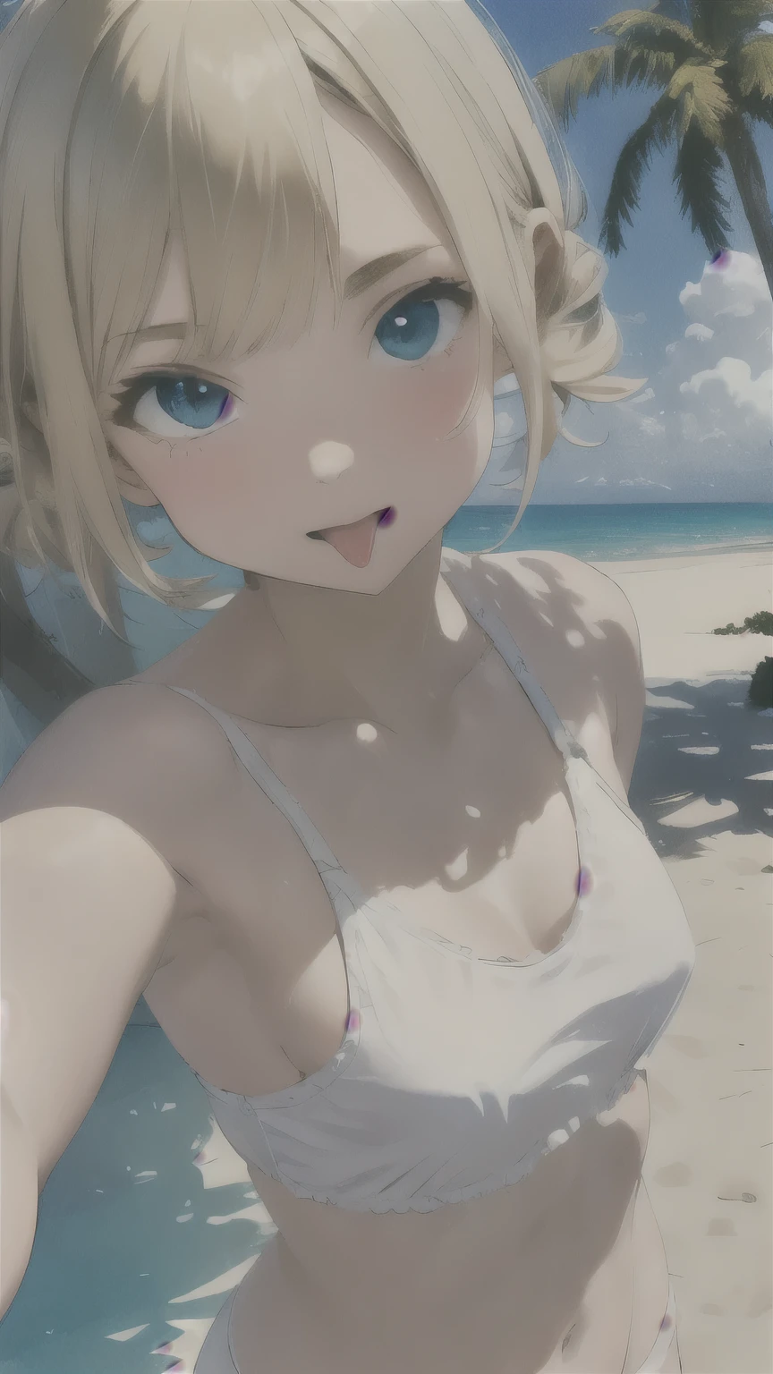 4K, masterpiece, 8k, high quality, 最high quality、(Superflat, Flat Shading, Flat Color:1.1), (summer),(Ocean:1.3) (White sand beach), (１6 year old girl), , change, Blonde, White T-shirt, (White panties:1.2), blush, Open your mouth, (Showing tongue), Selfie, View from below, (Low Angle), White cloud,Palm tree, Bright sunlight, Vibrant colors, Best Shadow, watercolor,