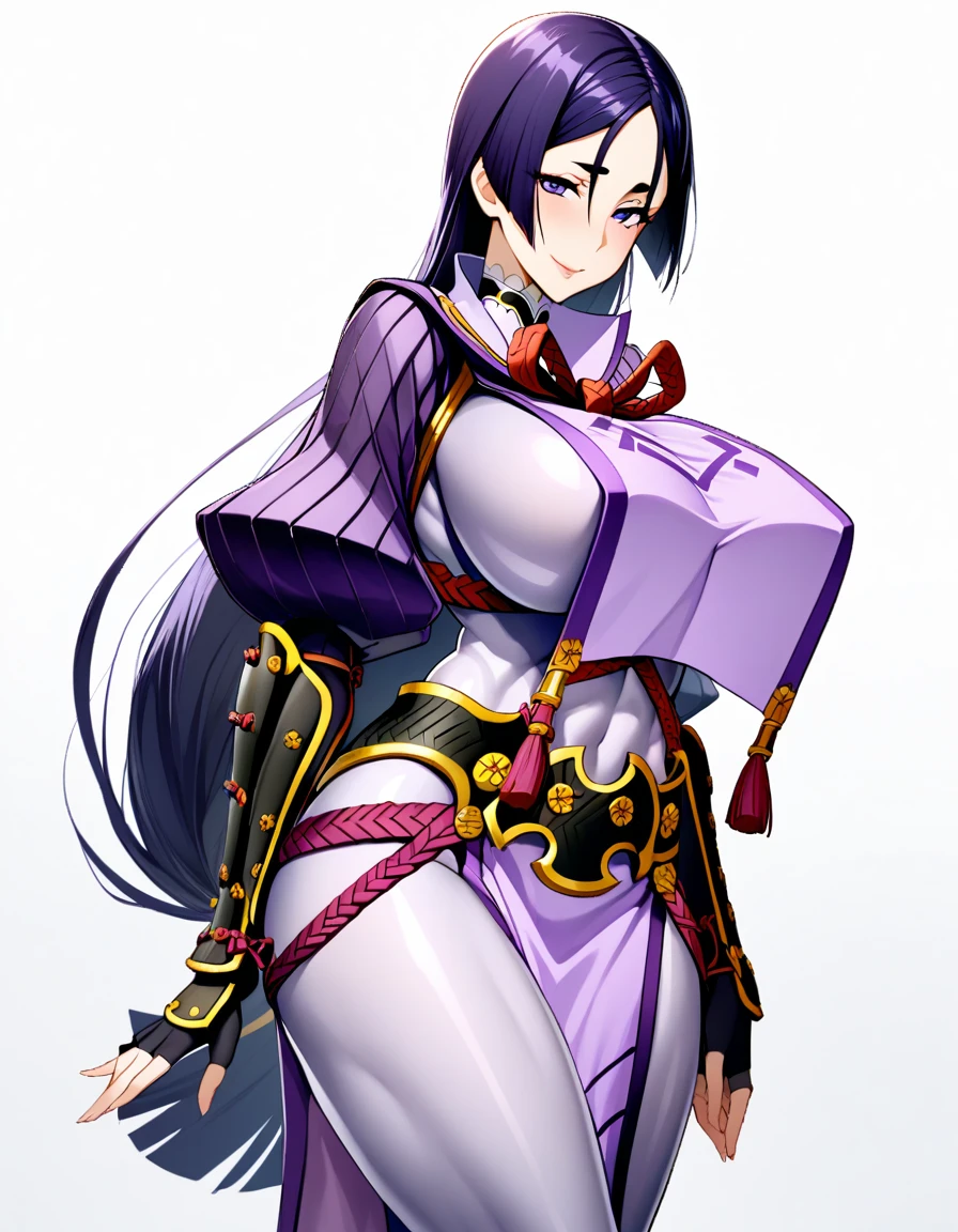 1girl,solo,perfect,high quality,faultless,
raikou, raikou, parted bangs, purple eyes, purple hair, long hair, hime cut, forehead, mature female,
arm guards, armor, black gloves, bodysuit, fingerless gloves, gloves, japanese armor, kote, loincloth, purple bodysuit, ribbed sleeves, tabard, toned,mother,maternal,maternal instinct,Super huge breasts,whipped thighs,smile,soft expression,full body,looking at viewer,lecherous look,sexual eye contact,SFW,white background