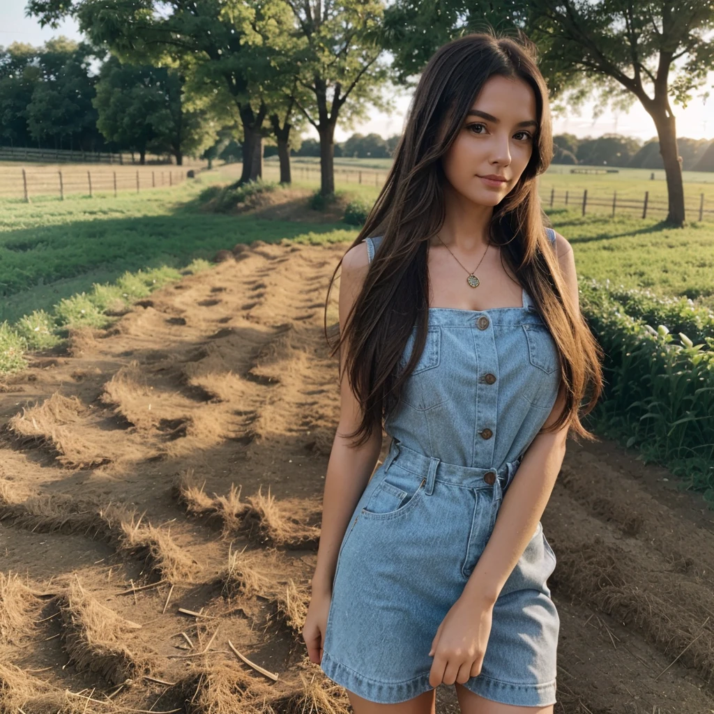 1girl in, 30 years old, Square face, Long hair, Looking at viewer, jewelry, Realistic, Sexy, farm outfit, farm background, free upper body pose