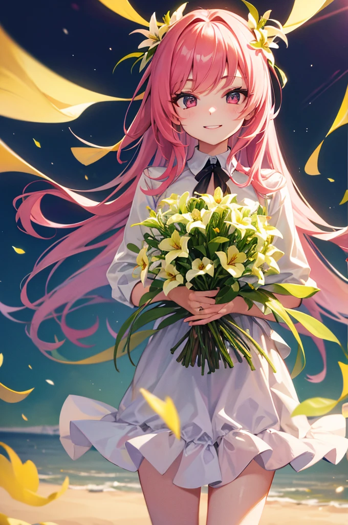 young woman。Young Darling。Gentle smile。Harmonious Faces Bouquet of Lilies. 8k. HD
