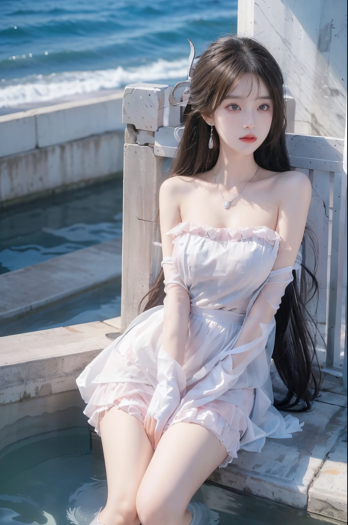 1girl, solo, jewelry, horns, necklace, bare shoulders, bangs, blush, dress, earrings, gloves, sorasaki hina (dress), elbow gloves, sidelocks, Beauty, beautiful女人，Have a perfect body：1.4，Layered Hairstyle，((Big breasts)), ((D cup)), Visible cleavage，Bare shoulders, Highly detailed face and skin texture，Double eyelids，Skin Whitening，Long hair，Whitening long legs，Standing by the sea, Fashion girl, Red lips, Sweet maiden, beautiful妆容, detail, lifelike, Very detailed, amazing, beautiful, Young and energetic, high quality，High Definition, rich and colorful，Exquisite, Smooth skin, The skirt is short, Lift the skirt with your hands, Elegant and charming posture, Official Art, Extremely detailed, Movie atmosphere, Soft colors, Natural skin texture,