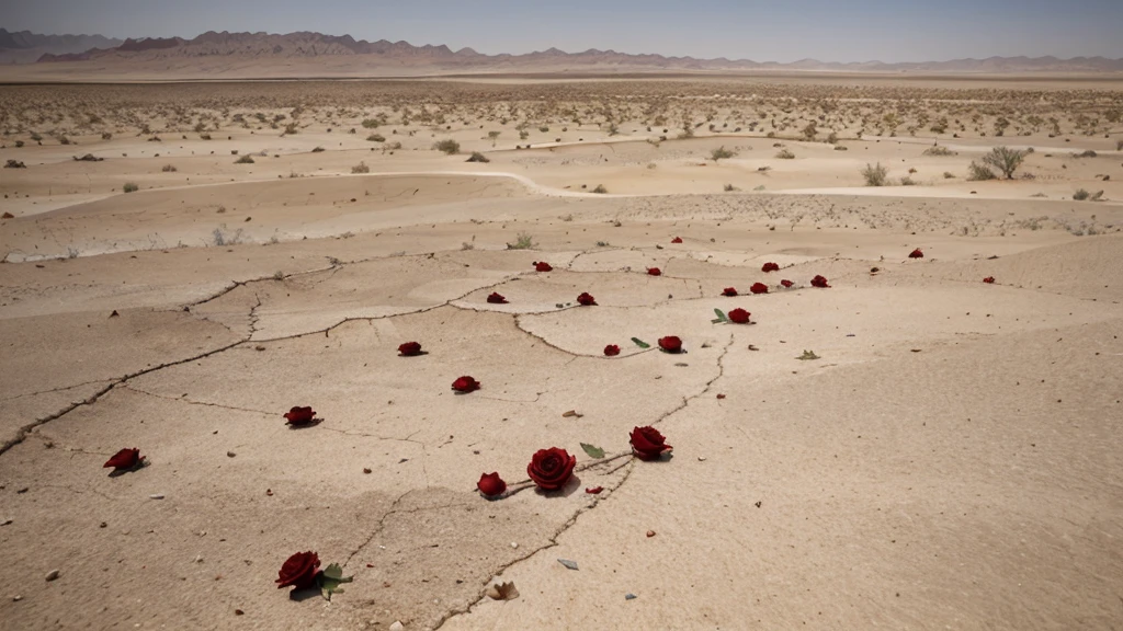 Seventy-two shattered roses, scattered across a barren desert, roses spread across the desert, cracked earth, intense heat waves, vast wasteland, arid terrain, desert flora, sand dunes in the distance, harsh sunlight, shadows stretching, wilted petals, thorns, red, pink, and white petals, dried stems, cracked soil, desolate landscape, surreal atmosphere, high-resolution digital art, warm color palette, dramatic lighting casting long shadows.