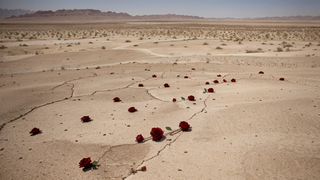 Seventy-two shattered roses, scattered across a barren desert, roses spread across the desert, cracked earth, intense heat waves, vast wasteland, arid terrain, desert flora, sand dunes in the distance, harsh sunlight, shadows stretching, wilted petals, thorns, red, pink, and white petals, dried stems, cracked soil, desolate landscape, surreal atmosphere, high-resolution digital art, warm color palette, dramatic lighting casting long shadows.