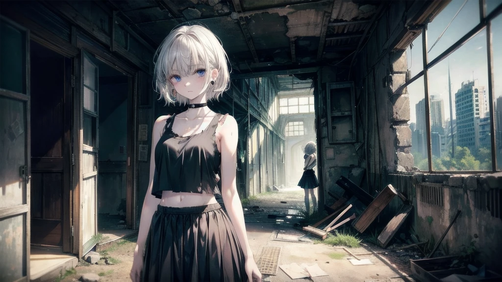 (Torn clothes), Tank top shirt, skirt, Handgun, ruins, Absurd, RAW Photos, Very delicate and beautiful, masterpiece, Highest quality, Ultra-high resolution, 32K, Surreal, Very detailed, Detailed Description, Pale skin, 20-year-old, Tearful mole, Earrings, Short Medium Hair, Wavy Hair, Full Body Shot,