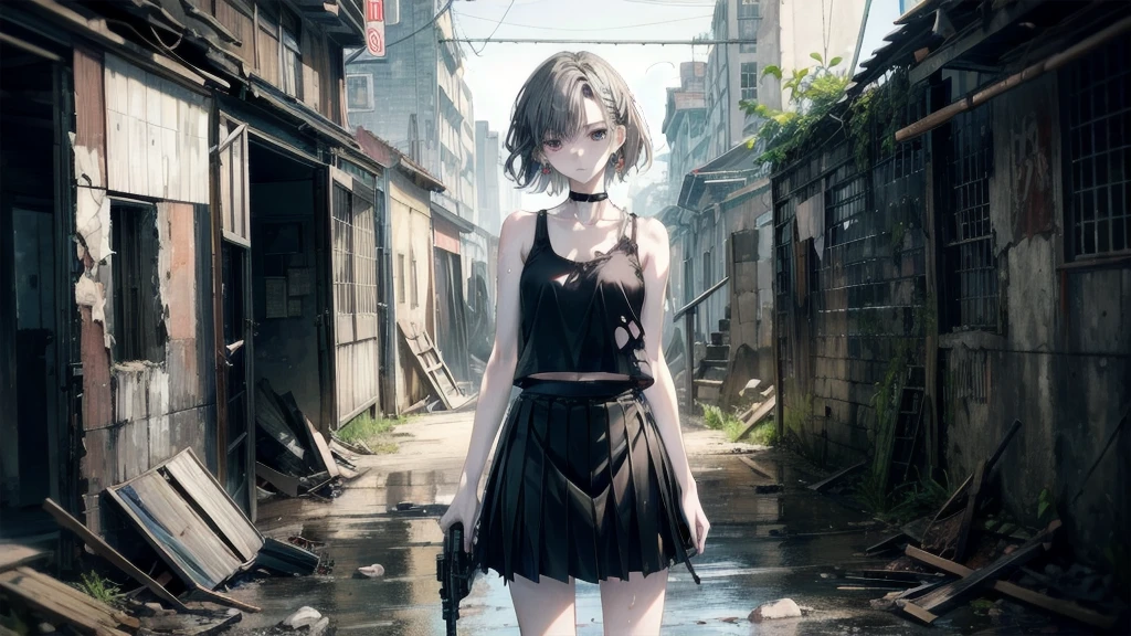 (Torn clothes), Tank top shirt, skirt, Handgun, ruins, Absurd, RAW Photos, Very delicate and beautiful, masterpiece, Highest quality, Ultra-high resolution, 32K, Surreal, Very detailed, Detailed Description, Pale skin, 20-year-old, Tearful mole, Earrings, Short Medium Hair, Wavy Hair, Full Body Shot,