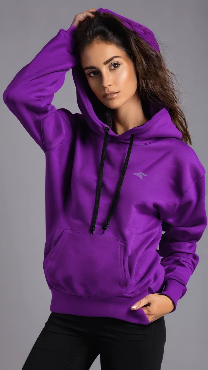 Sudadera morada, urban design, supendida en el aire, futrista, alta calida,fondo gris luminoso, vista completa, sin persona, persoectiva de 15 grados.
