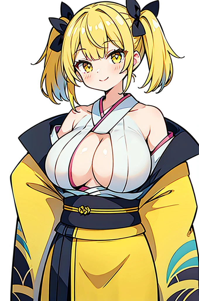 (Twin tails,Short Hair,Yellow Hair),((Big Tits,Girl,Lori)),(kimono,Low skirt,)White background,Standing posture,Provocative smile