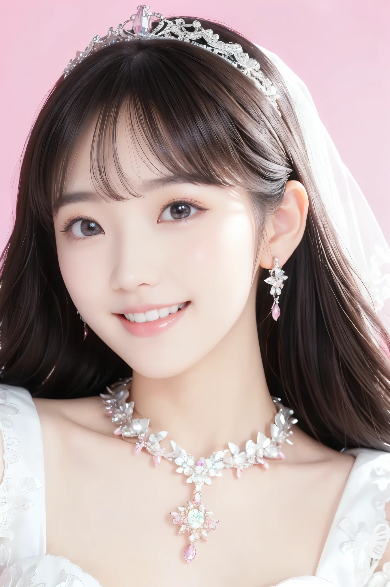 (Highest quality、Tabletop、8k、Best image quality、Award-winning works)、One beautiful bride、(alone:1.1)、(The most extravagant and gorgeous huge pure white wedding dress:1.1)、(Perfect Wedding Lace:1.2)、(The most gorgeous and luxurious giant tiara:1.3)、(The most extravagant and luxurious giant necklace:1.3)、(Huge jeweled tiara:1.3)、(Large Breastsの谷間:1.2)、(Large Breasts:1.2)、Smiling widely and showing off beautiful teeth、Look at me with your best smile、The finest jewellery decoration、Perfect Makeup、Long eyelashes、Ultra HD Shining Eyes、Ultra HD Hair、Ultra-high resolution glossy lips、Ultra High Resolution Perfect Teeth、Super high resolution beautiful face、(Accurate anatomy:1.1)、Very bright and beautiful skin、very bright and vivid、Beautiful glossy lips、Perfect beautiful bridal hairstyles、(Front facing body:1.1)、(Solid pink background:1.2)、Full Body Photo