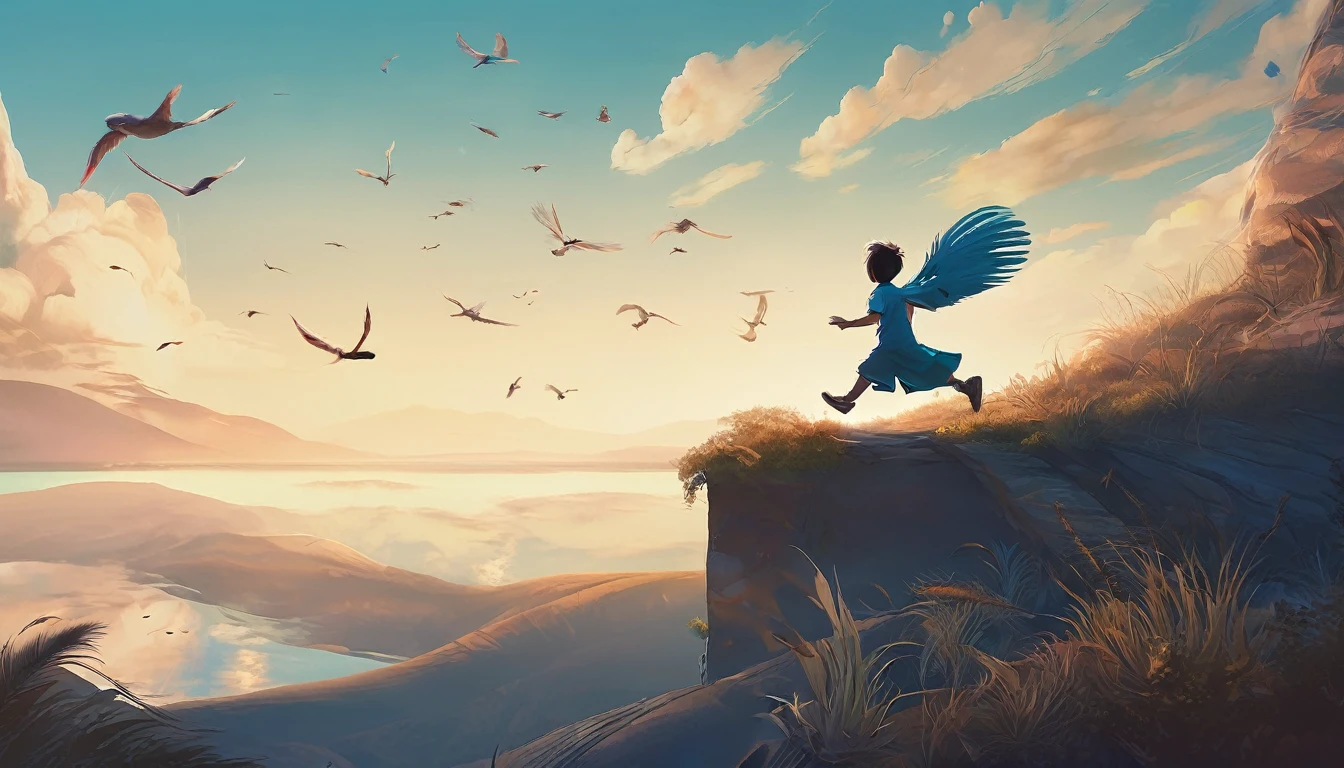 Create a professional, fantastic, cinematic Youtube Banner for a brand about music and stories called " Penamemoria". Masterpiece, 4k, sharp focus, highest quality,wide shot. Imagine a half a feather, half a fantasy boy. The title is " Penamemoria". Is a brand about the creative, unique journey of a boy into becoming a musician storyteller. In his journey he finds inspiration in a world of birds and feathers. Minimalistic, simple, poetic, dreamy logotype at the center of the image. The Background image is a world full of fantastic feathers, unique birds, light blue sky, and a boy running happily into the horizon with an acoustic guitar in his right hand. Boy running against the wind, almost simulating like he is flying
