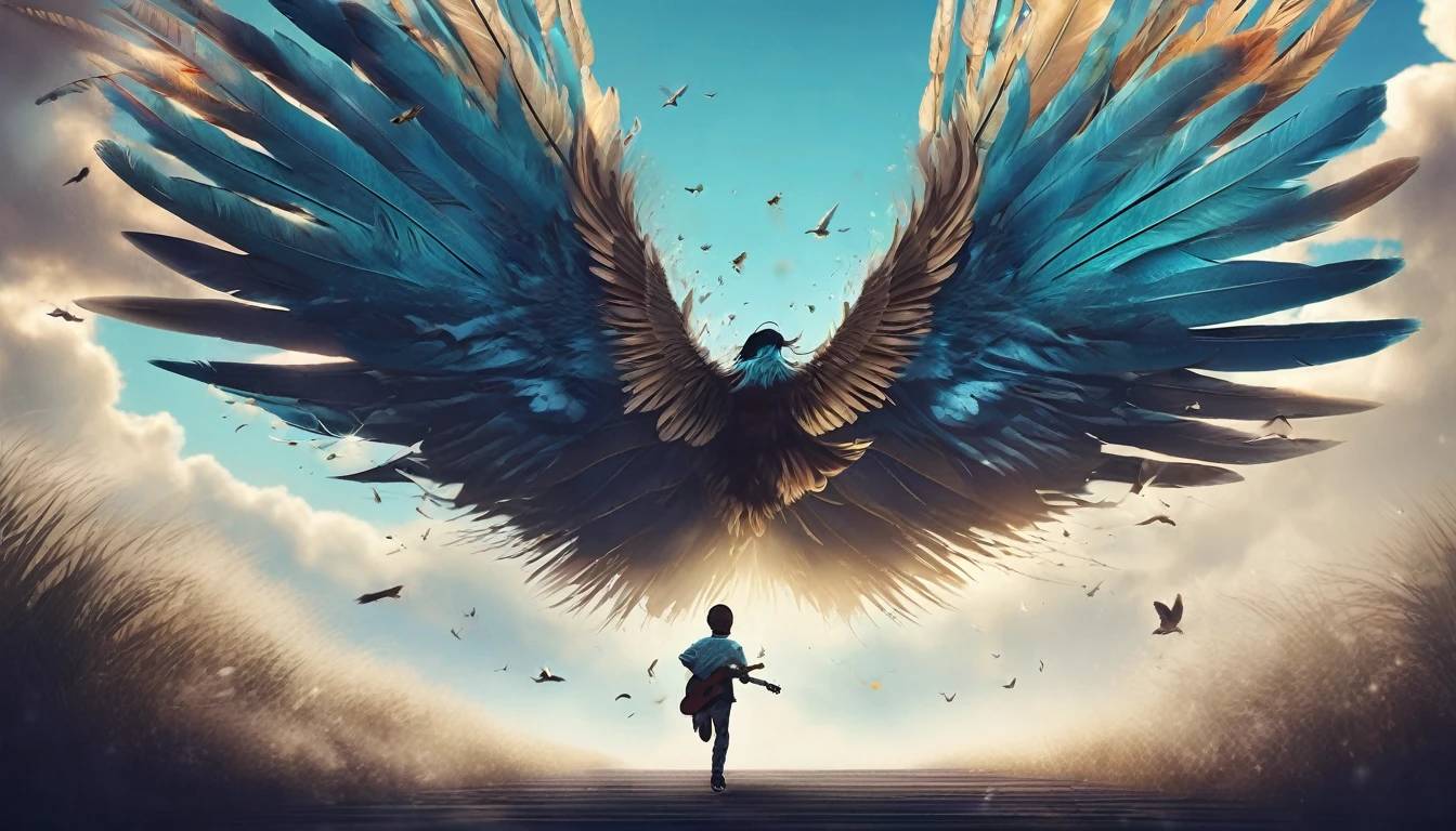 Create a professional, fantastic, cinematic Youtube Banner for a brand about music and stories called " Penamemoria". Masterpiece, 4k, sharp focus, highest quality,wide shot. Imagine a half a feather, half a fantasy boy. The title is " Penamemoria". Is a brand about the creative, unique journey of a boy into becoming a musician storyteller. In his journey he finds inspiration in a world of birds and feathers. Minimalistic, simple, poetic, dreamy logotype at the center of the image. The Background image is a world full of fantastic feathers, unique birds, light blue sky, and a boy running happily into the horizon with an acoustic guitar in his right hand. Boy running against the wind, almost simulating like he is flying
