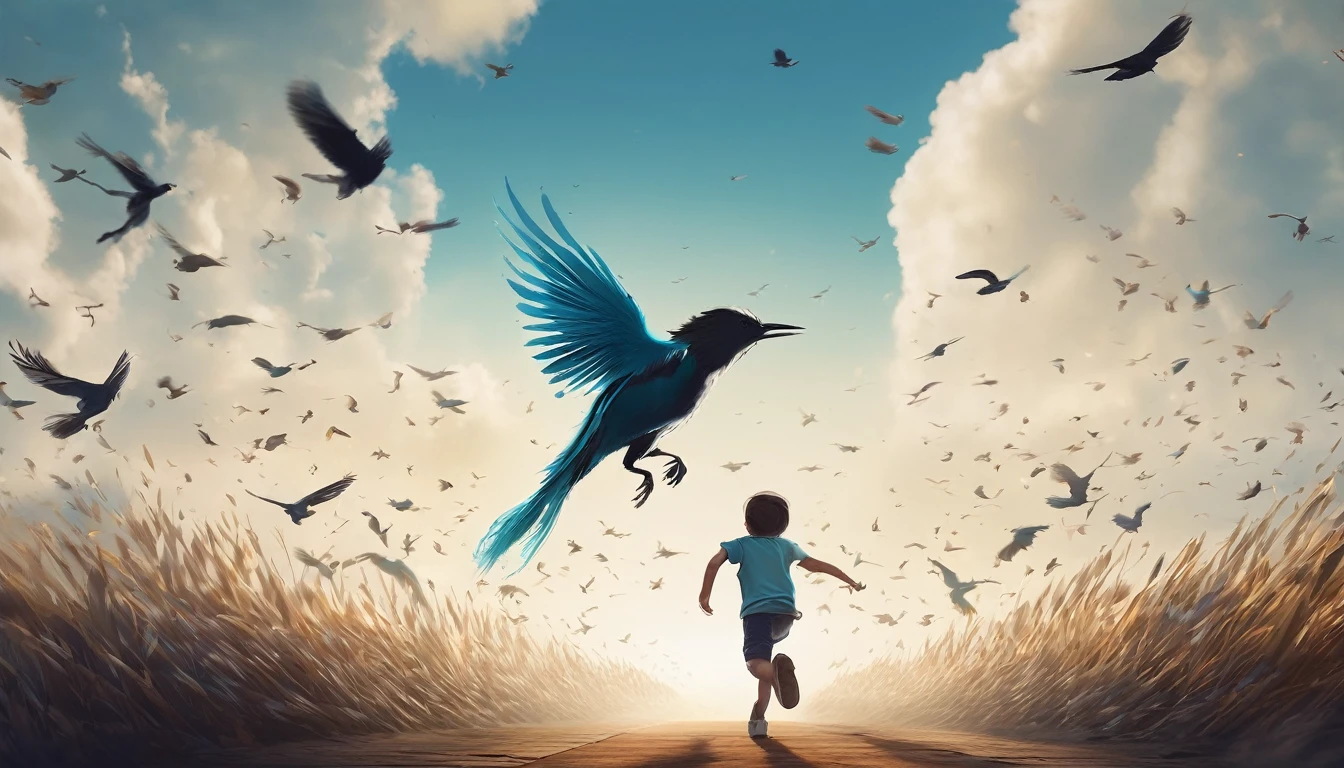 Create a professional, fantastic, cinematic Youtube Banner for a brand about music and stories called " Penamemoria". Masterpiece, 4k, sharp focus, highest quality,wide shot. Imagine a half a feather, half a fantasy boy. The title is " Penamemoria". Is a brand about the creative, unique journey of a boy into becoming a musician storyteller. In his journey he finds inspiration in a world of birds and feathers. Minimalistic, simple, poetic, dreamy logotype at the center of the image. The Background image is a world full of fantastic feathers, unique birds, light blue sky, and a boy running happily into the horizon with an acoustic guitar in his right hand. Boy running against the wind, almost simulating like he is flying