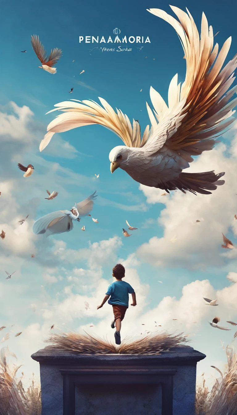Create a professional, fantastic, cinematic Youtube Banner for a brand about music and stories called " Penamemoria". Masterpiece, 4k, sharp focus, highest quality,wide shot. Imagine a half a feather, half a fantasy boy. The title is " Penamemoria". Is a brand about the creative, unique journey of a boy into becoming a musician storyteller. In his journey he finds inspiration in a world of birds and feathers. Minimalistic, simple, poetic, dreamy logotype at the center of the image. The Background image is a world full of fantastic feathers, unique birds, light blue sky, and a boy running happily into the horizon with an acoustic guitar in his right hand. Boy running against the wind, almost simulating like he is flying
