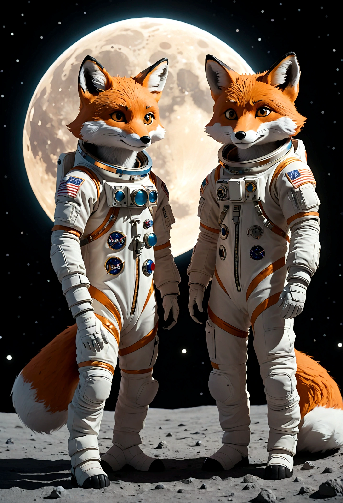 two humanoid foxes, Astronaut outfit, full body, galaxy moon style, light and shadow, flat color, stand facing each other