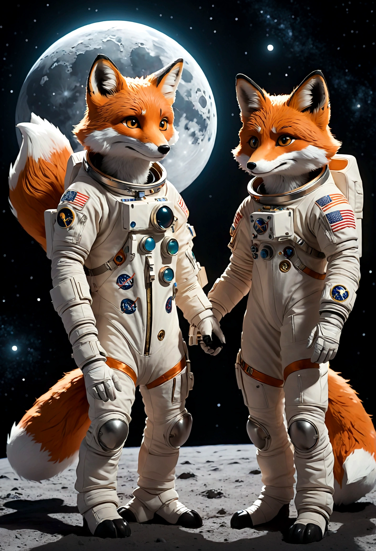 two humanoid foxes, Astronaut outfit, full body, galaxy moon style, light and shadow, flat color, stand facing each other