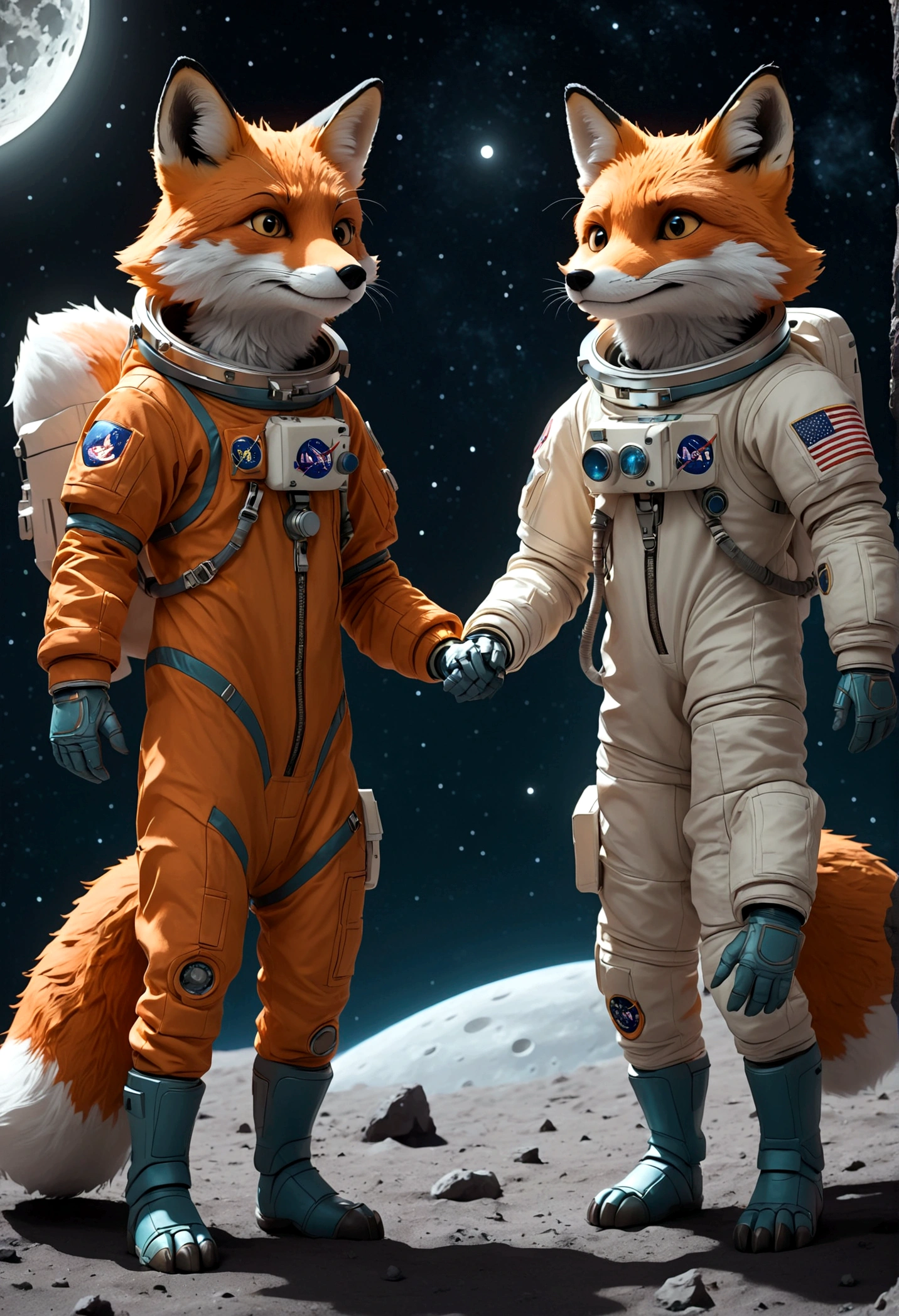 two humanoid foxes, Astronaut outfit, full body, galaxy moon style, light and shadow, flat color, stand facing each other