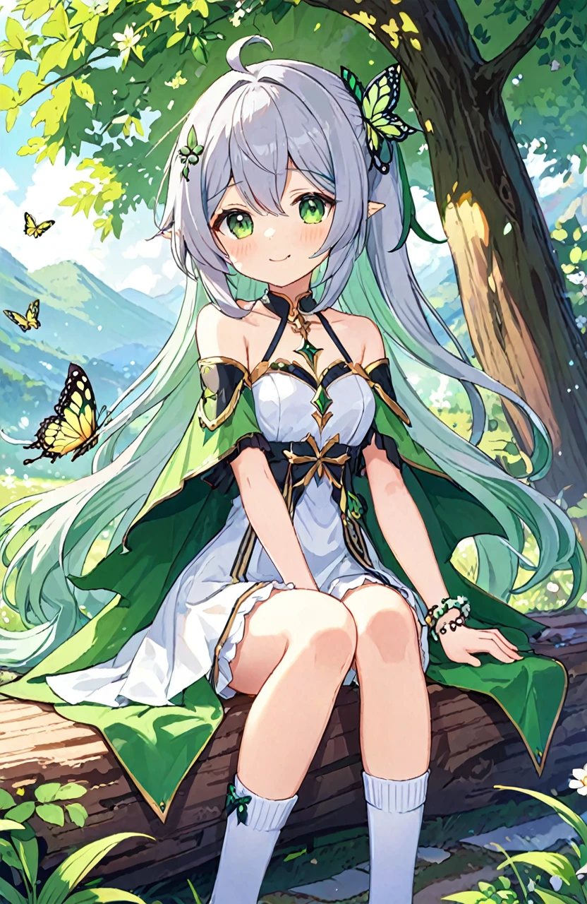 Super detailed,(Highest quality),((masterpiece)),(High resolution),original,very,shock,One girl,Nahida (Genshin Impact),alone,Green Eyes,dress,Pointed Ears,Bloomers,white dress,hair ornaments,flower,Multicolored Hair,Sitting,bangs,Symbol-shaped pupil,View your viewers,Green Hair,Gradient Hair,Side Ponytail,Long Hair,Gray Hair,butterfly,underwear,jewelry,頭flower輪,smile,wood,white Bloomers,Hair between the eyes,White footwear,Cruciform pupil,bug,Mouth closed,bracelet,in wood,Blurred,green Cape,branch,Outdoor,Sitting in wood,No sleeve,Cape,Short sleeve,Side Lock,Depth of written boundary,Green Sleeves,No sleeve dress,nature,Bare shoulders,White socks,