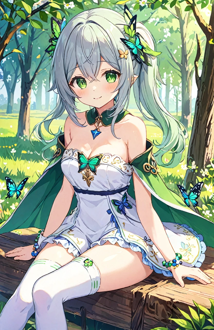Super detailed,(Highest quality),((masterpiece)),(High resolution),original,very,shock,One girl,Nahida (Genshin Impact),alone,Green Eyes,dress,Pointed Ears,Bloomers,white dress,hair ornaments,flower,Multicolored Hair,Sitting,bangs,Symbol-shaped pupil,View your viewers,Green Hair,Gradient Hair,Side Ponytail,Long Hair,Gray Hair,butterfly,underwear,jewelry,頭flower輪,smile,wood,white Bloomers,Hair between the eyes,White footwear,Cruciform pupil,bug,Mouth closed,bracelet,in wood,Blurred,green Cape,branch,Outdoor,Sitting in wood,No sleeve,Cape,Short sleeve,Side Lock,Depth of written boundary,Green Sleeves,No sleeve dress,nature,Bare shoulders,White socks,