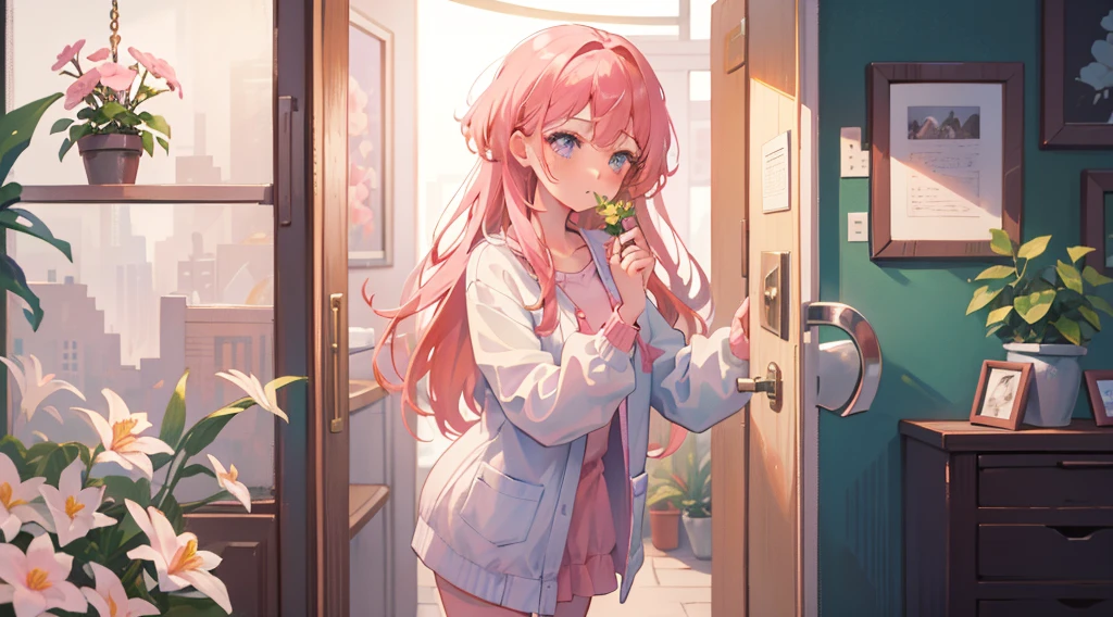(Masterpiece), Best quality, Ultra-high resolution, detailed structure, Detailed architecture, (Warm pastel colors), indoor,Pink long hair girl standing outside the door, plant, Stamens, indoor,Entrance,Clear colors