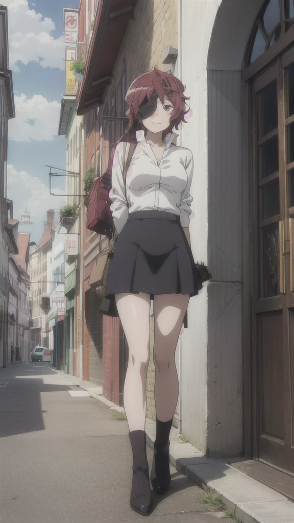 alone, One girl, View your viewers, 2D, anime, anime coloring, hephaestus, Eye patch, shirt, smile,city,