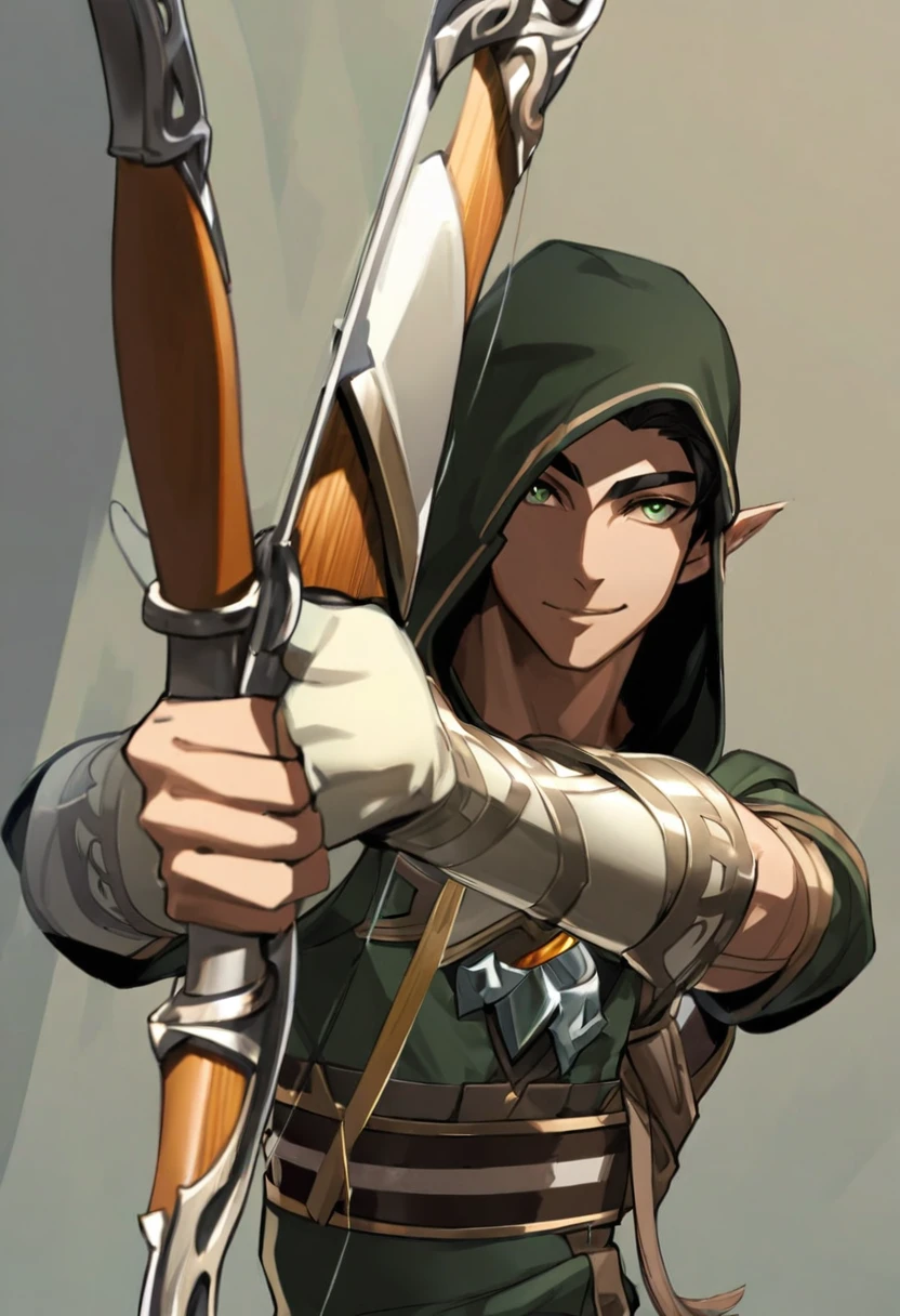 A man in a hooded sweatshirt holding a bow, male human ranger, male elf thief, a male elf, close-up portrait, smiling elf character, character art close-up, back view of an elf thief, portrait, male half-elf, roleplaying game character avatar, pointing a bow, male elf