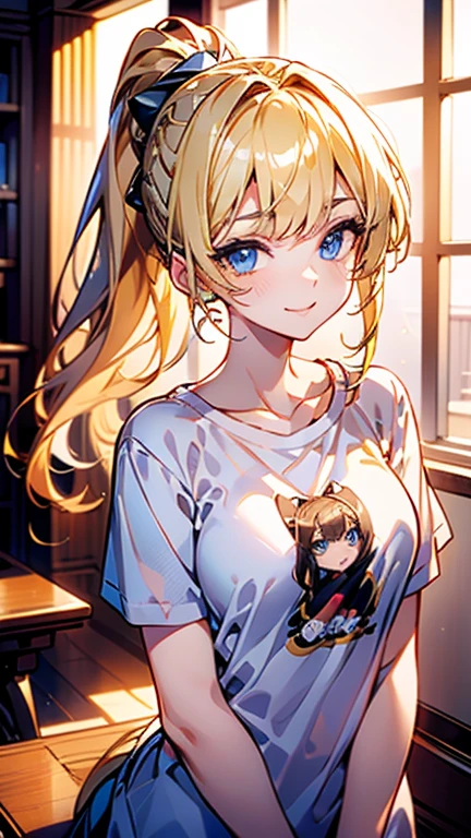 High quality, Best quality , masterpiece, Portrait、、Bright expression、ponytail、Young, shiny, white, glossy skin、Gloss Face、Shining Cheek Gloss、Small Face Beauty、The best beauty、The dazzling light of blonde hair、Bright blonde hair with dazzling highlights、Very beautiful shiny light blonde hair、super long silky straight hair、Her shiny, beautiful bangs are covering her eyes.、Sparkling, clear, attractive, bright, large, pale blue eyes、Very big eyes、eyeliner、very beautiful lovely cute girl、young girl, Ample Bust, upper body , (smile:1.2) , (((illustration t-shirt , ponytail )))), in room , medium breast , full body