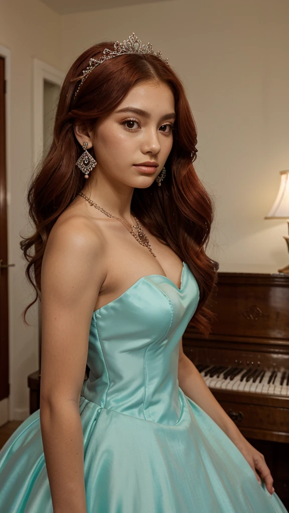Quinceanera dress mint, bolero,diadem,earrings,lippgloss,necklace,long red hairs