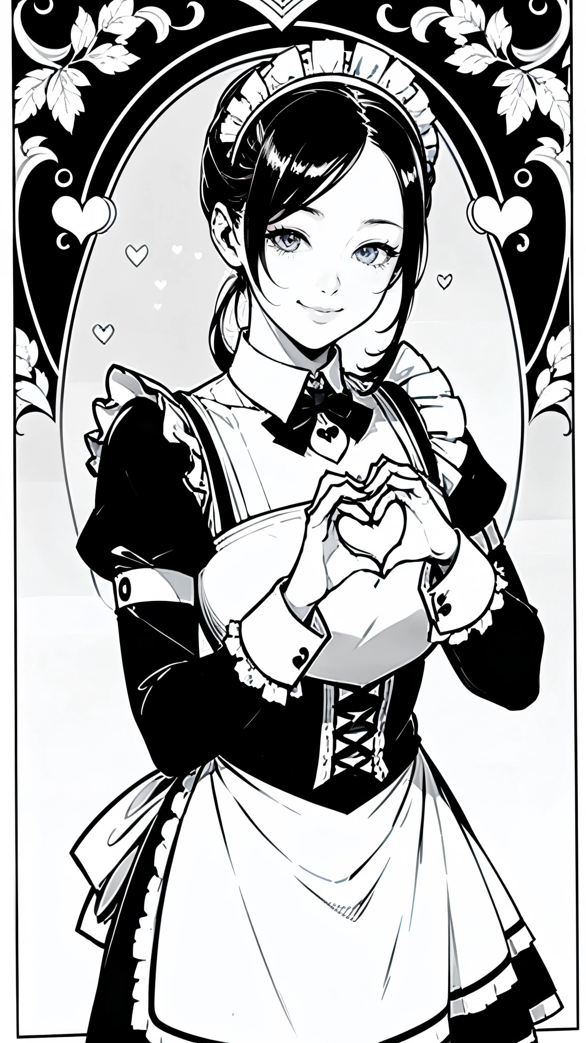 (masterpiece:1.2, Highest quality),(Line art),(Monochrome),(Very detailed),8K,wallpaper,1 female,Cute face,smile,((Maid in a maid café)),((betterhand)),Random hairstyle,Random pose,Beautiful female hands,((lineart, monochrome)),BREAK(((maid cafe))),(((heart hands))),((a girl in gothic costume standing))