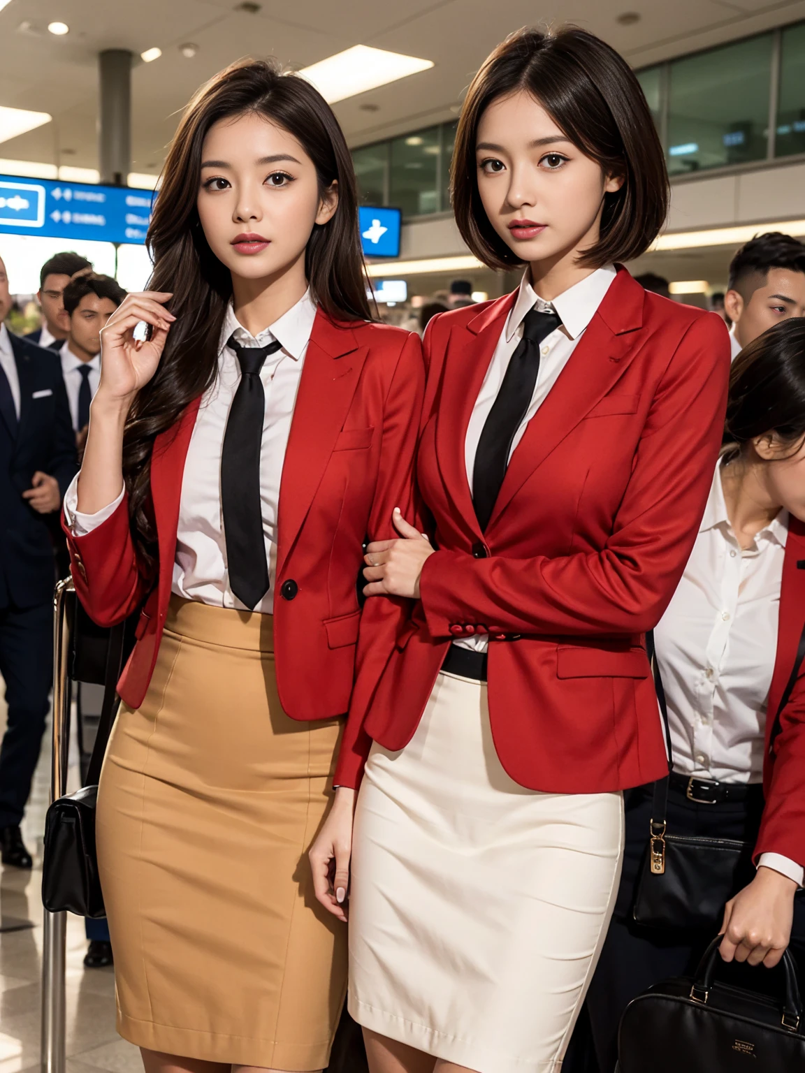 {{Mature Woman, White people}}, View your viewers, Hazel Eyes, Very detailed, Medium chest, Brown Hair, airport, flight attendant, uniform, A nice red blazer, Red nice tie, Beige Skirt, Midi Skirt, Pencil Skirt, Red nice high heels, Happy, 最high quality, high quality, Very detailed anime screencap, {{{{Crowded, Multiple Girls, Thousands of sisters, Millions of sisters,Billions of Sisters, clone, Doppelganger, Matching outfits, Matching hairstyle}}}}, whole body