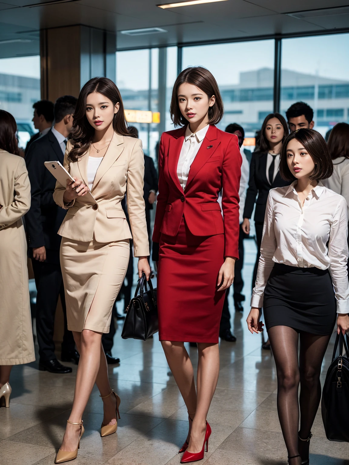 {{Mature Woman, White people}}, View your viewers, Hazel Eyes, Very detailed, Medium chest, Brown Hair, airport, flight attendant, uniform, A nice red blazer, Red nice tie, Beige Skirt, Midi Skirt, Pencil Skirt, Red nice high heels, Happy, 最high quality, high quality, Very detailed anime screencap, {{{{Crowded, Multiple Girls, Thousands of sisters, Millions of sisters,Billions of Sisters, clone, Doppelganger, Matching outfits, Matching hairstyle}}}}, whole body